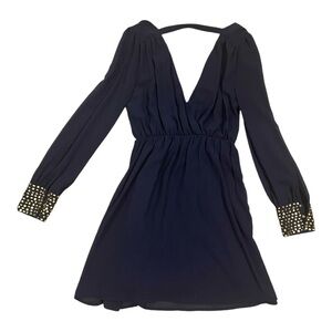 A’gaci Navy V-Neck Mini Dress | Gold Studded Sleeves, Size 0